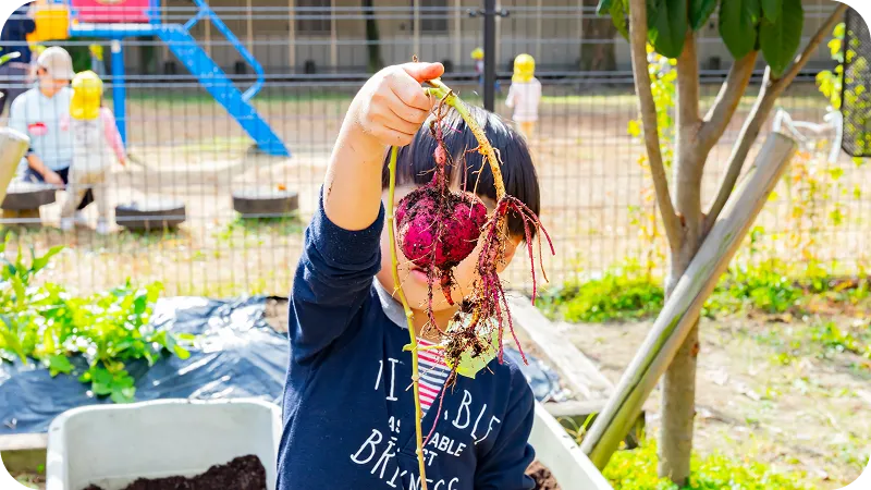 畑で採れた野菜をうれしそうに掲げる子どもと収穫体験を楽しむ様子